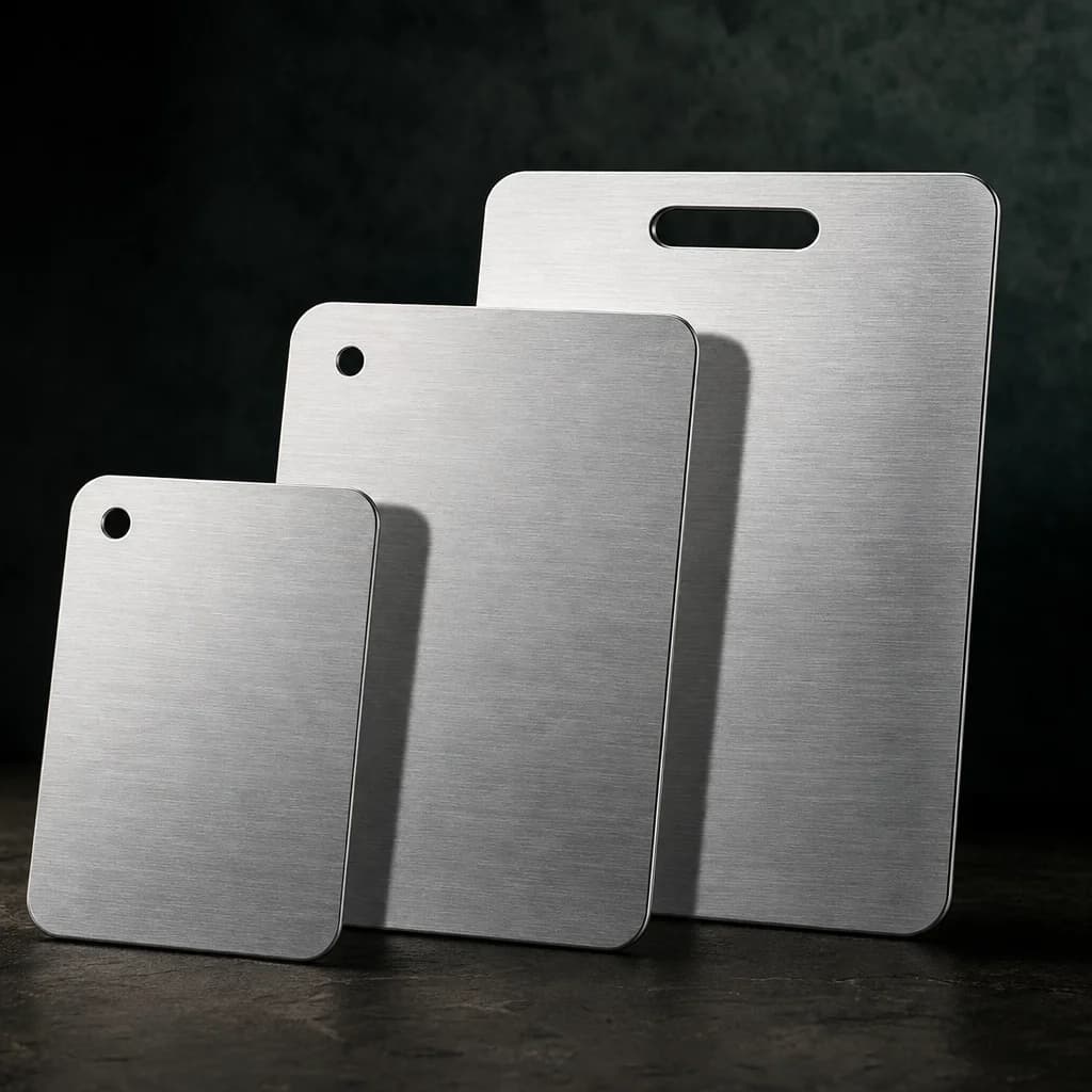 Close up of the brushed titanium finish on a Steelward steel cutting board